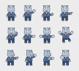 Cute hippo in suit mascot showing various hand gestures set. Cheerful hippopotamus pointing, greeting, showing thumb up, stop sign and other gestures. Modern vector illustration