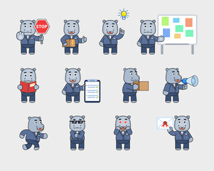 Cute hippo in suit mascot in various situations. Cheerful hippopotamus holding stop sign, parcel, loudspeaker, box, reading book and other actions. Modern vector illustration © paper_owl