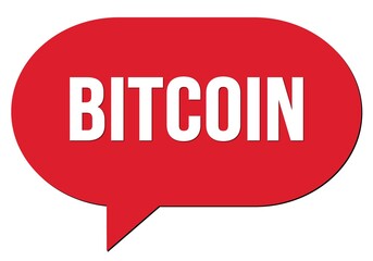 BITCOIN text written in a red speech bubble