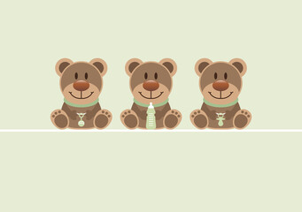 Naklejka premium Karte 3 Teddys Babysymbole Unisex Grün