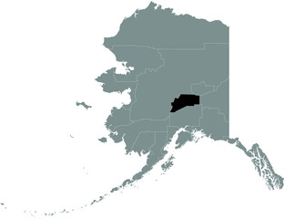 Black highlighted location map of the US Denali borough inside gray map of the Federal State of Alaska, USA