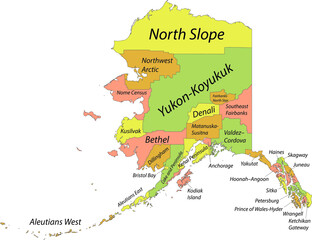 Pastel vector map of the Federal State of Alaska, USA with black borders and names of its boroughs and census areas