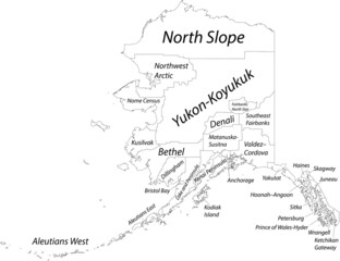 White blank vector map of the Federal State of Alaska, USA with black borders and names of its boroughs and census areas