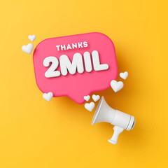 2 million followers social media thanks banner. 3D Rendering - obrazy, fototapety, plakaty