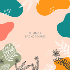 Summer square background with colourful leaves, floral, flower, and palm leaves. Social media stories design templates, backgrounds with copy space for text. Summer sale, social media ads content