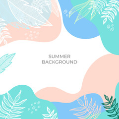 Fototapeta na wymiar Summer square background with colourful leaves, floral, flower, and palm leaves. Social media stories design templates, backgrounds with copy space for text. Summer sale, social media ads content