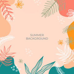 Fototapeta na wymiar Summer square background with colourful leaves, floral, flower, and palm leaves. Social media stories design templates, backgrounds with copy space for text. Summer sale, social media ads content