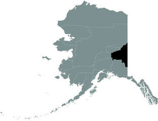 Black highlighted location map of the US Southeast Fairbanks Census Area inside gray map of the Federal State of Alaska, USA