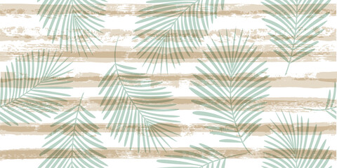 Tropical pattern, palm leaves seamless vector floral background. Exotic plant on blue stripes print illustration. Summer nature jungle print. Leaves of palm tree on paint lines. ink brush strokes