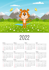 The cover of the calendar for 2022. The Year of the Tiger. Tiger in nature. Summer field and butterflies. Calendar grid with months and weeks. A cartoon character. Vector illustration.