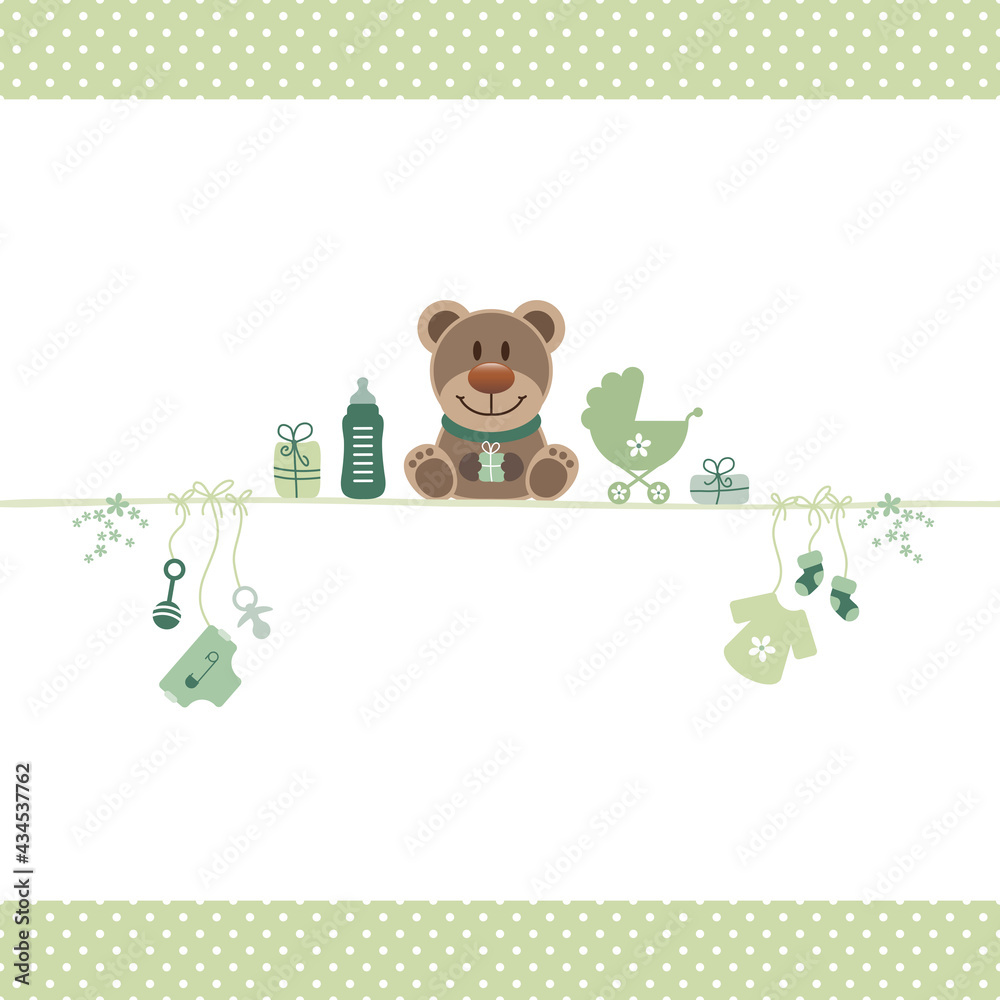 Poster Brauner Teddy Babysymbole Unisex Punkte Bordüre Grün Beige