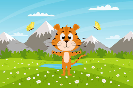 Cute cartoon tiger stands on the field against the background of mountains and sky. Summer landscape. The symbol of the year. Animal character. Color vector illustration for kids.Flat style.