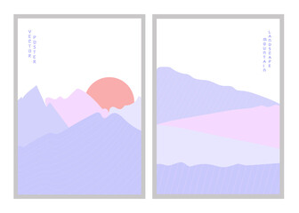 Fototapeta premium Vector illustration mountain landscape poster. Geometric landscape background in asian japanese style. Abstract symbol for print, poster, sticker, card design. 