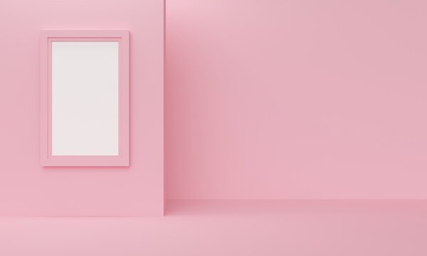Mockup pink room with empty picture frame on the wall. 3d rendering