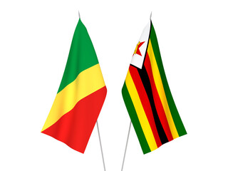 National fabric flags of Zimbabwe and Republic of the Congo isolated on white background. 3d rendering illustration.