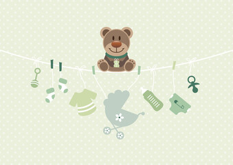 Teddy Auf Gebogener Leine Babysymbole Unisex Grün Beige Punkte