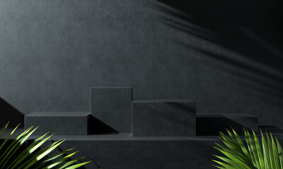 Modern Dark Black Concrete Podium Set With Palm Leaf And Sunlight Shadow Abstract Background 3d Render