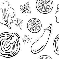 Seamless pattern with fruits, vegetables and herbs in black line sketchy style isolated on white background. Doodle hand drawn vector illustration
