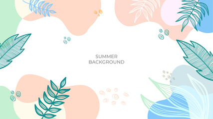 Colourful minimal summer background with flowers and tropical summer leaf. Luxury minimal style wallpaper with golden line art flower and botanical leaves, Organic shapes. Summer sale banner vector