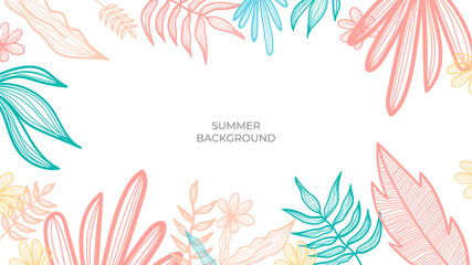 Colourful minimal summer background with flowers and tropical summer leaf. Luxury minimal style wallpaper with golden line art flower and botanical leaves, Organic shapes. Summer sale banner vector © SyahCreation