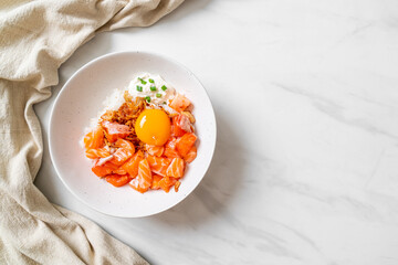 Japanese rice with fresh salmon raw and egg