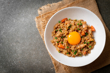 salmon fried rice with pickled egg on top