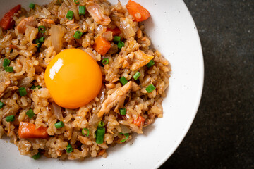 salmon fried rice with pickled egg on top