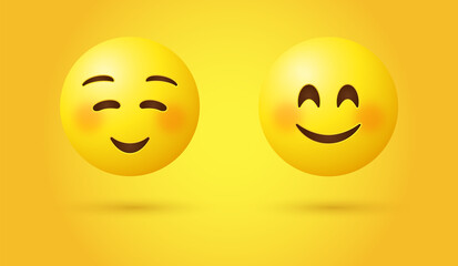 3d happy Smiley Face with Smiling Eyes rosy cheeks and  closed eyes - cute emoticon - yellow emotion for social media and network platforms