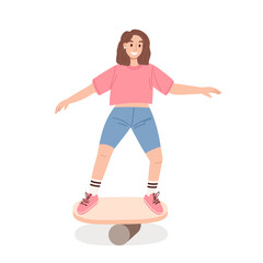Young fit woman standing on balance board. Female character in sportswear keeps balance.  Flat vector illustration isolated on white background.