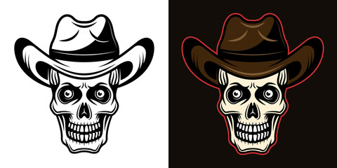 Skull in cowboy hat vector illustration in two styles black on white and colorful on dark background