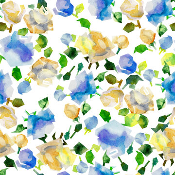 Seamless pattern with blue and cream roses on a white background. Silhouettes of small flowers cropped in smooth lines. Ornament of isolated watercolor painted objects.