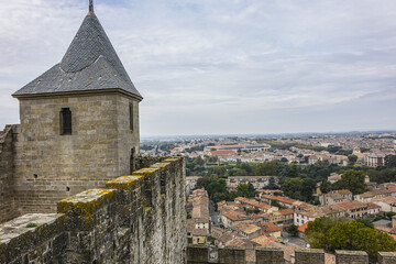 Carcassonne Cite is a hilltop town ringed by two concentric walls, hosting 52 defensive towers. Carcassonne Cite - largest walled city in Europe. Carcassonne, Languedoc, region of Occitanie, France.