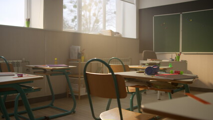 School auditorium with desks and chairs. Interior of classroom in elementary