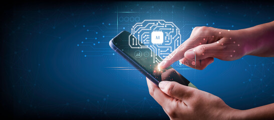 Artificial intelligence of futuristic technology concept. Hand using a finger touch on smartphone screen virtual circuit AI brain genius technology in blue background.