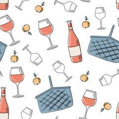 Vector seamless pattern of barbecue, barbecue, grill. Picnic in flat cartoon style. Collection of barbecue tools for cafe © Katisko