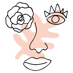 Hand drawing abstract female portrait line art isolated on white background. Modern vector illustration. Eyes, lips and floral outline art.