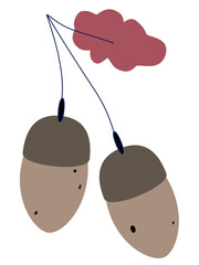 Abstract  botanical elements, isolated acorn ,autumn,  style of minimalism, hand drawn. Brown  color. Poster, room interior decor, design for textiles, postcard, concept, clipart, vector 
