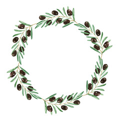 watercolor black olive round wreath isolated on white background. hand drawn green branch frame