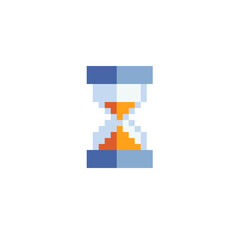 Fototapeta premium Loading icon. Pixel art. Hourglass and stopwatch. Design sticker. Isolated vector illustration. Old school computer graphic style.
