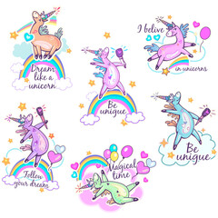 Magical cute Unicorn stickers design for fashion graphics, t shirts, prints, posters