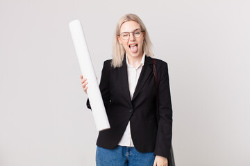 blond pretty woman with cheerful and rebellious attitude, joking and sticking tongue out. architect...
