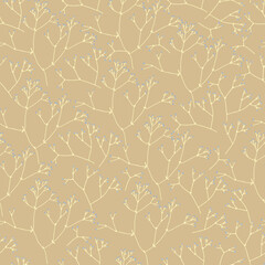 Seamless pattern with thin flowering twigs  on beige background. Summer floral print. Great textile for throw pillow,  blanket, covers, wallpaper.