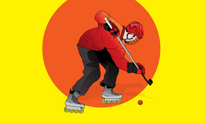A roller-skating hockey player wearing a helmet, gloves, and protective suit.