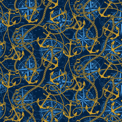 Marine anchor rope and chain with wind rose compass and nautical map background vector seamless pattern © PrintingSociety