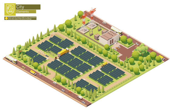 Vector isometric photovoltaic solar energy plant. Solar power plant construction. Solar farm or station workers installing photovoltaic panel modules