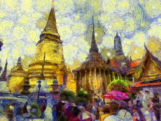 The grand palace, wat phra kaew bangkok thailand Illustrations creates an impressionist style of painting.