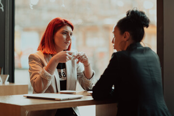 Two young business women sitting at table in cafe.Girl using laptop, smartphone, blogging. Teamwork, business meeting. Freelancers working...