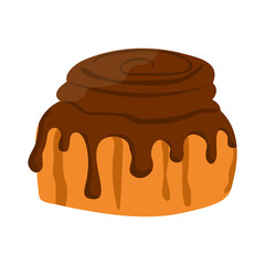 Cinnamon bun with chocolate topping. Baked sweet roll doodle icon. Fresh Swedish kanelbulle swirl pastry.
