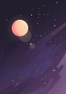 Moon in starry sky. Space landscape in vertical orientation.