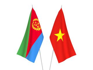 National fabric flags of Vietnam and Eritrea isolated on white background. 3d rendering illustration.